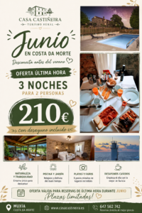 Oferta especial de junio en Casa Castiñeira, casa rural en Muxía, Costa da Morte. 3 noches para 2 personas con desayuno casero incluido por 210€, con piscina y jardín.