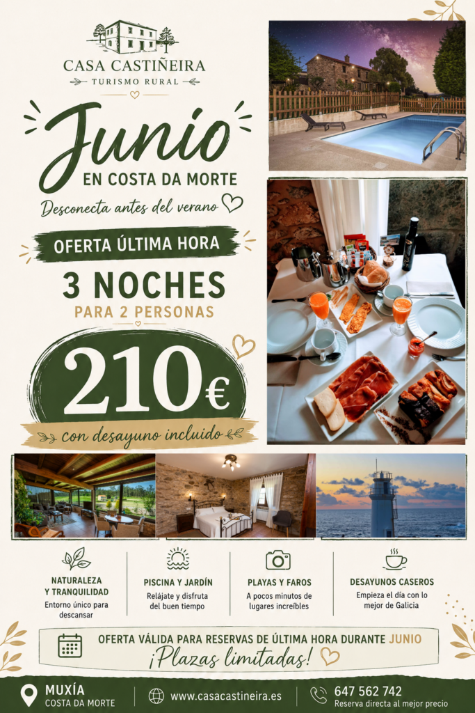 Oferta especial de junio en Casa Castiñeira, casa rural en Muxía, Costa da Morte. 3 noches para 2 personas con desayuno casero incluido por 210€, con piscina y jardín.